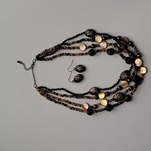 Black & Gold Beaded Necklace Earrings Set